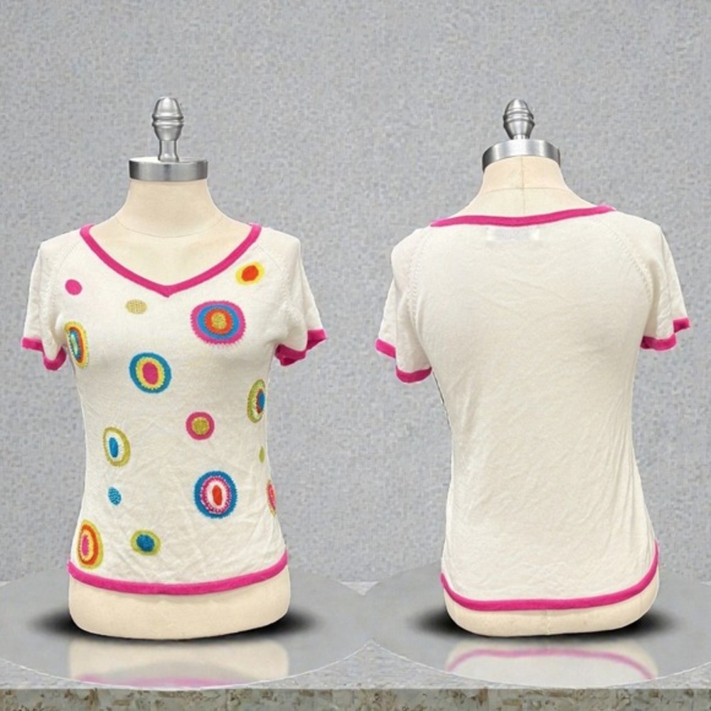 Refined Elegance Embroidered Beaded‎ Mesh Tee Pink Trim Japan Size 9
